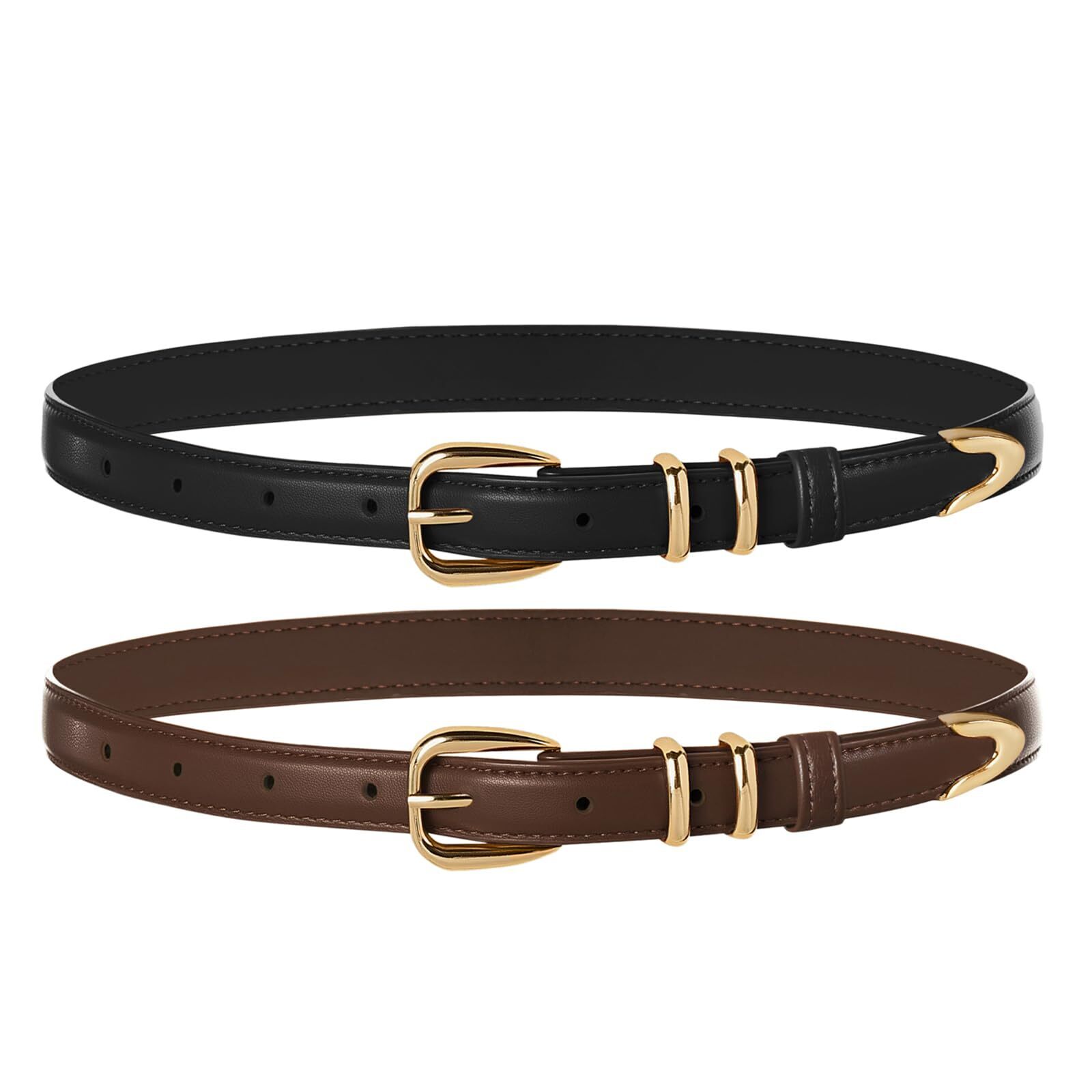 4819 2 Pack Skinny Womens Black Leather Belt For Jeans Pants Thin Waist